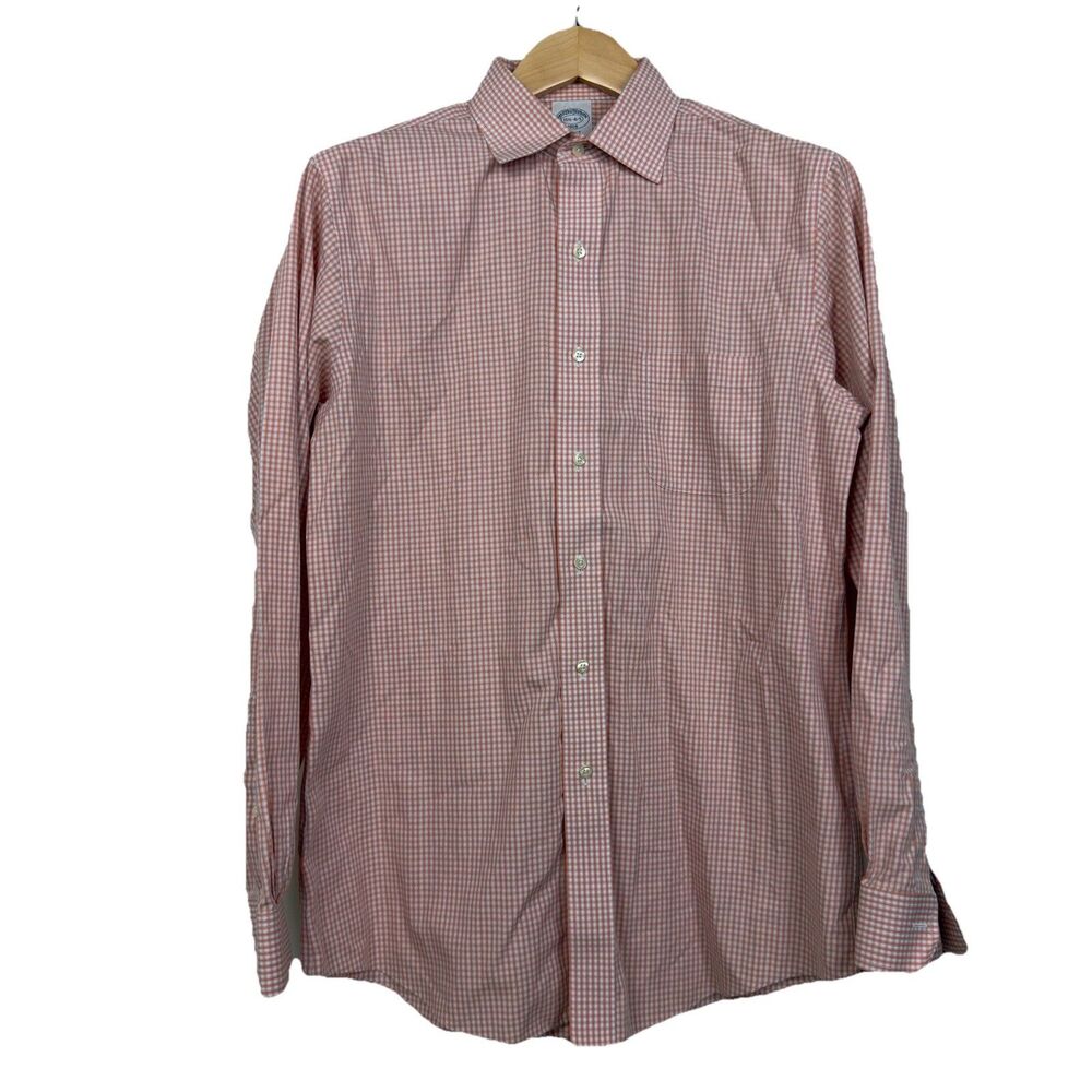 Brooks Brothers Regent Mens 15.5-4/5 Button Up Dress Shirt Orange White Check
